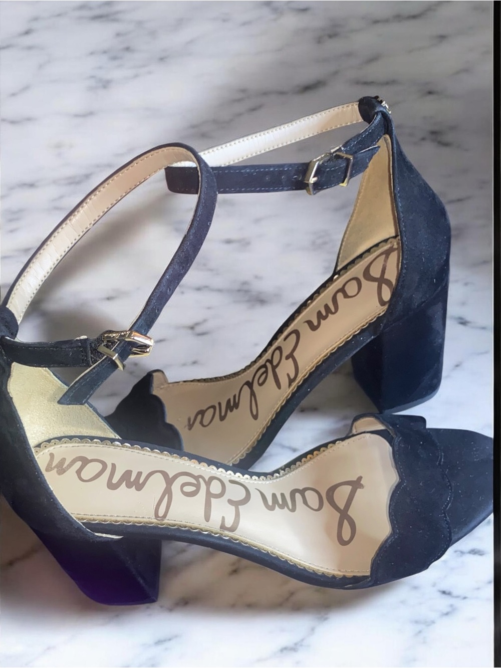 Delman Navy Scalloped Ankle-Strap Block Heels